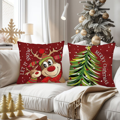 4pcs, Merry Christmas Throw Pillow Covers, Cute Reindeer Snowman Xmas Tree Stripes Print Cushion Covers, 18in*18in, Winter Holiday Farmhouse Home Decor Pillowcases, For Porch Patio Couch Sofa Living Room Outdoor, Set Of 4, Without Pillow Inserts