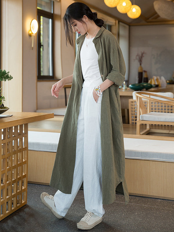 xakxx Artistic Retro Loose Simple Casual Solid Color Ramie Trench Coat