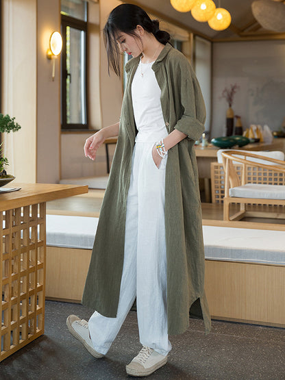 xakxx Artistic Retro Loose Simple Casual Solid Color Ramie Trench Coat