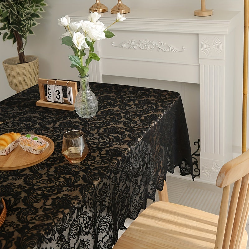 1pc Exquisite Black Phoenix Tail Flower Rectangle Lace Tablecloth - Elegant Sheer Decor for Rustic Vintage, Wedding, Thanksgiving, Baby Shower - Durable, Easy Care, and Versatile for Any Occasion