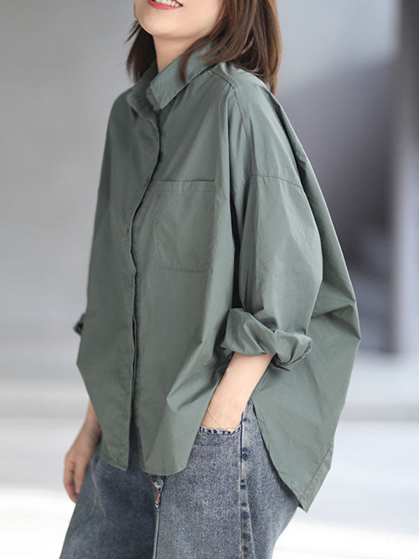 xakxx High-Low Long Sleeves Solid Color Lapel Blouses&Shirts Tops