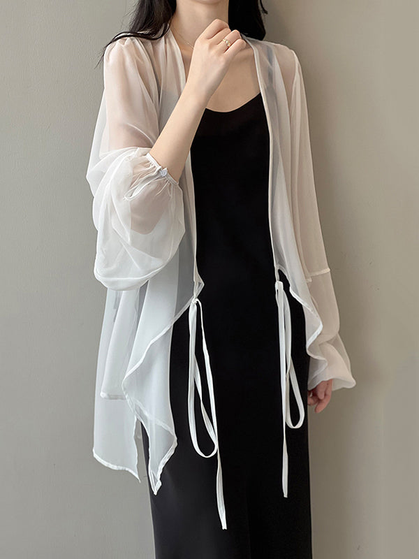xakxx Bishop Sleeve Long Sleeves See-Through Split-Joint Tied Collarless Blouses&Shirts Tops