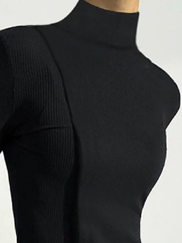 xakxx Skinny Solid Color Split-Joint High Neck T-shirts