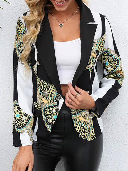 xakxx Long Sleeves Loose Buttoned Pockets Printed Notched Collar Blazer Outerwear