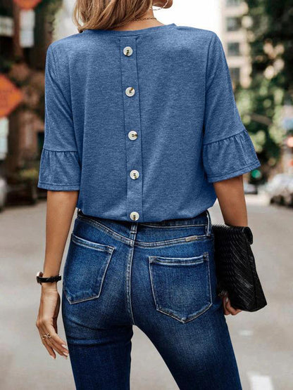 xakxx Ruffle Sleeves Asymmetric Buttoned Solid Color Split-Joint Round-Neck T-Shirts Tops