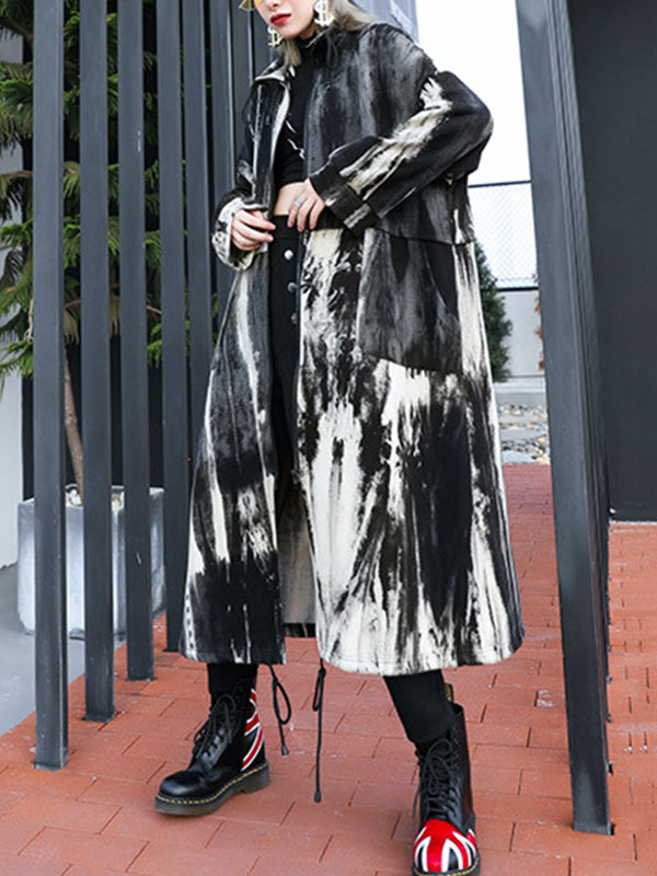 xakxx Long Sleeves Loose Drawstring Split-Joint Zipper Round-Neck Trench Coats