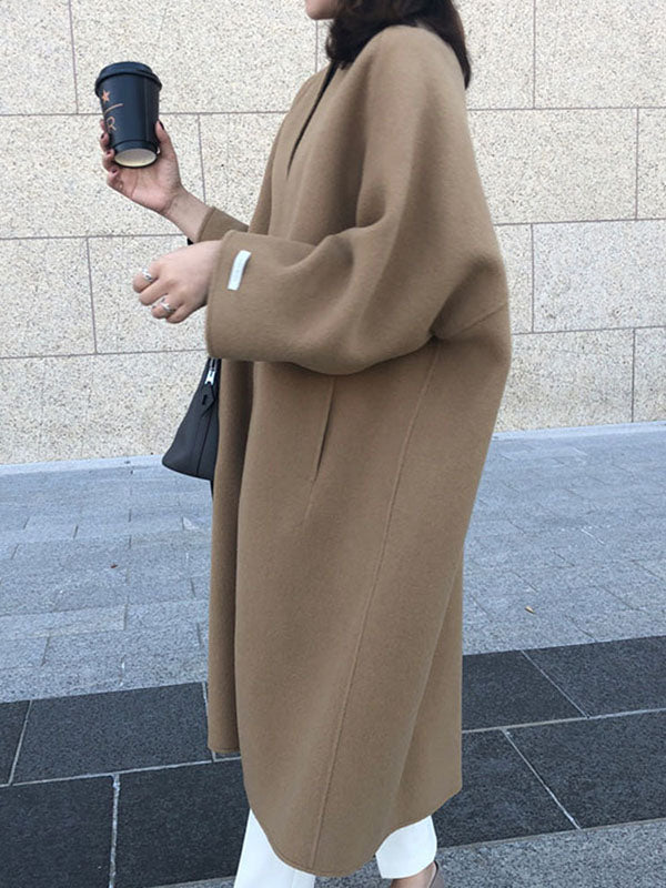 xakxx Long Sleeves Loose Solid Color Collarless Woolen Coat