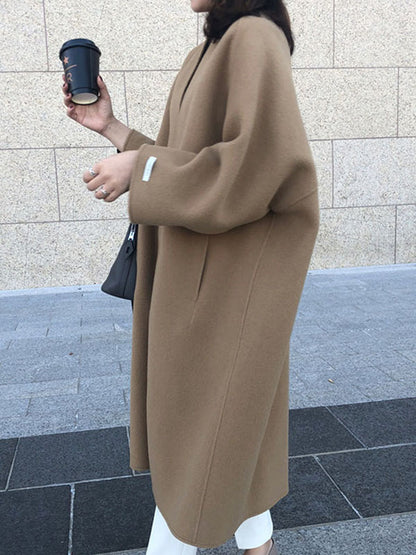 xakxx Long Sleeves Loose Solid Color Collarless Woolen Coat