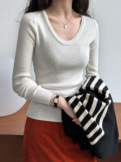 xakxx Long Sleeves Skinny Solid Color Split-Joint U-Neck T-Shirts