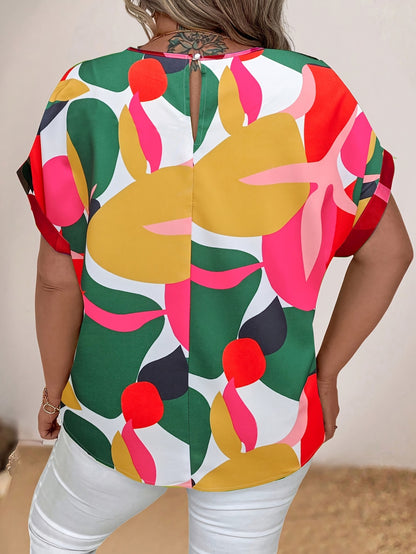 Plus Size Color Block Print Vacation Blouse - Crew Neck, Non-Stretch Polyester, Random Print, Short Sleeve, Woven, Elegant and Comfortable for Spring and Summer - Womens Plus Size Clothing for Vacation and Daily Wear