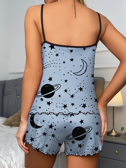 Starry Print Pajama Set, Crew Neck Cami Top & Lettuce Trim Shorts, Women's Sleepwear & Loungewear