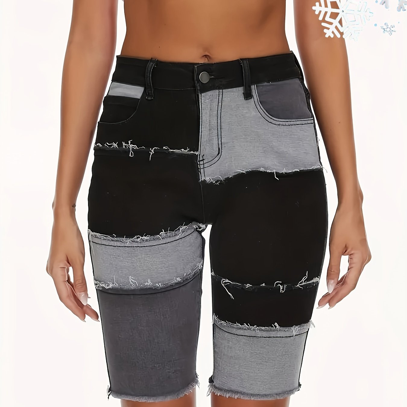 Women's Plus Size Oversized Color Block Bermuda Patchwork Denim Shorts With A Slim Fit Waist And Denim Shorts