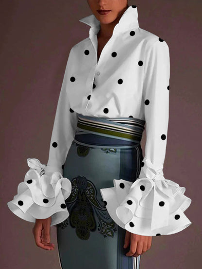 xakxx Flared Sleeves Falbala Polka-Dot Lapel Collar Blouses&Shirts Tops