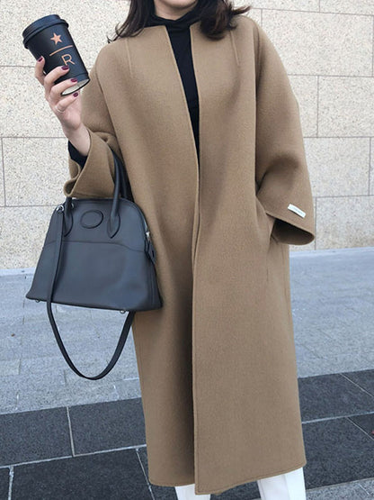 xakxx Long Sleeves Loose Solid Color Collarless Woolen Coat