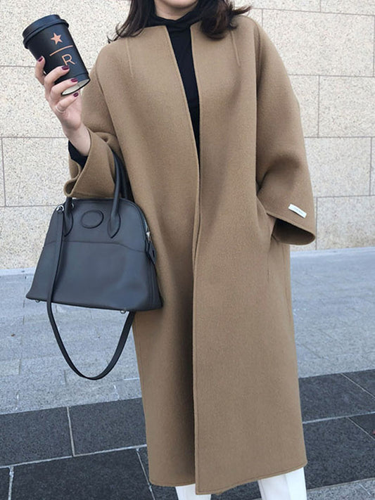 xakxx Long Sleeves Loose Solid Color Collarless Woolen Coat
