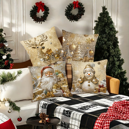 4pcs, Christmas pillowcase, Golden Santa Claus, snowman, deer, Christmas tree, beautiful and practical 17.7 inches * 17.7 inches, suitable for home and outdoor sofa decoration, living room sofa, bedroom zipper pillowcase (excluding pillow core)