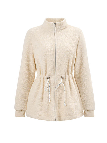 xakxx Long Sleeves Loose Drawstring Solid Color Velvet Zipper Stand Collar Outerwear