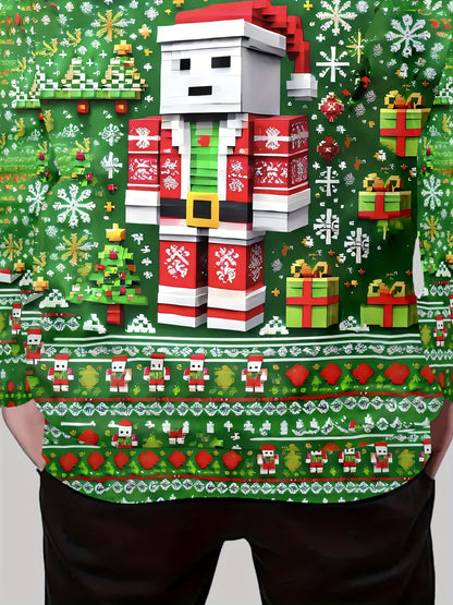 Boy's 3D Printed Christmas Toy Brick Santa Claus Hoodie, Spring Autumn Winter Long Sleeve Hooded Sweatshirt With Pocket, Outdoor Casual Top