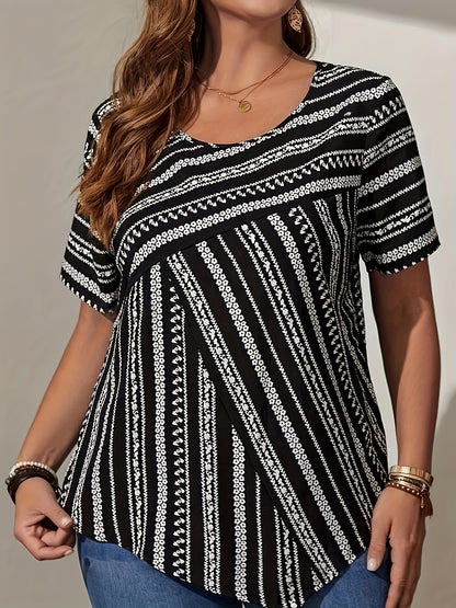 Plus Size Elegant Floral Print Crew Neck Blouse - Soft Slight Stretch Fabric, Relaxed Fit, Short Sleeve, Weekend Casual Wear for Spring, Summer, and Fall - Womens Oversized Shirting with Random Printing