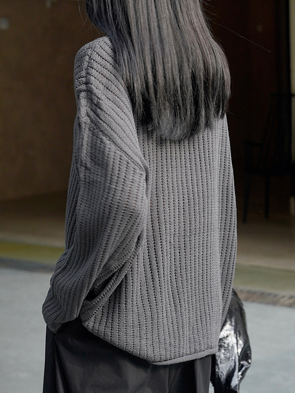 xakxx Long Sleeves Loose Solid Color V-Neck Pullovers Sweater Tops