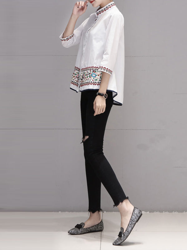 xakxx Loose Three-Quarter Sleeves Buttoned Embroidered Stand Collar Blouses&Shirts Tops