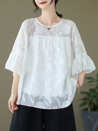 xakxx Loose Short Sleeves Falbala Pleated See-Through Split-Joint Round-Neck T-Shirts