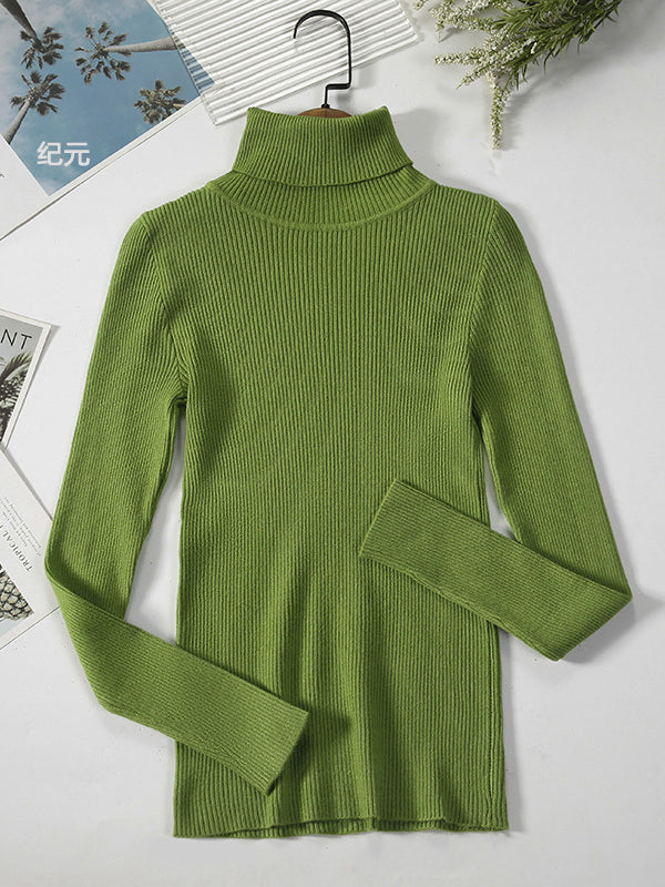 xakxx Simple Skinny Solid Color High-Neck Sweater Tops