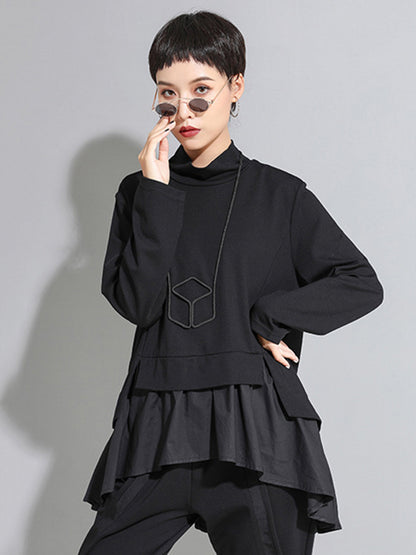 xakxx High-Low A-Line Falbala Split-Joint Split-Back High-Neck T-Shirts Tops