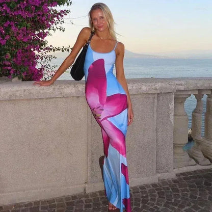 Casual Dresses Tossy Printed Spaghetti Backless Maxi Dress Women Fashion Slim Elegant Contrast Patchwork Halter Autumn Long