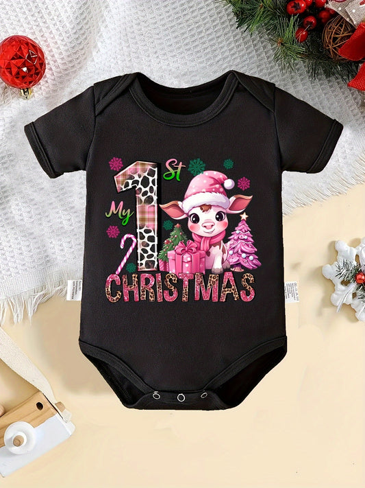 Baby's "My 1st Christmas" Cow Print Short Sleeve Triangle Bodysuit, Toddler & Infant Girl's Comfy Outdoor Clothes