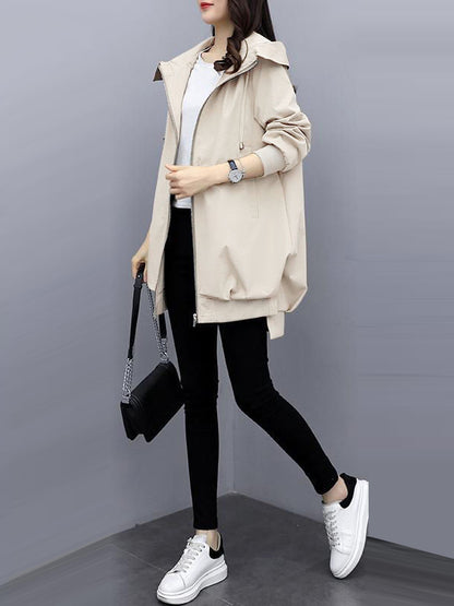 xakxx Casual Loose 4 Colors Pleated Zipper Hooded Long Sleeves Outwear