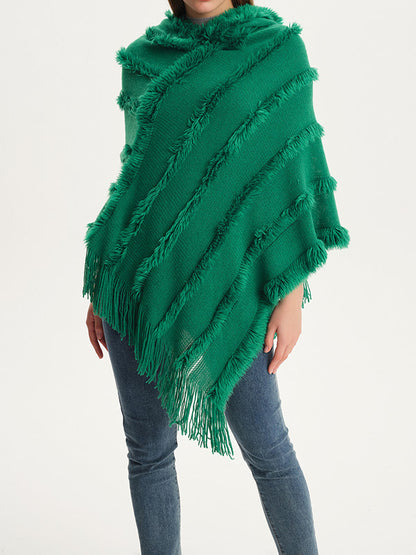 xakxx Hooded Keep Warm Solid Color Tasseled Cape Shawl&Cloak