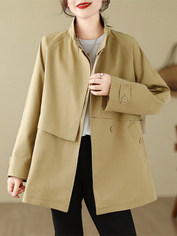 xakxx Long Sleeves Loose Asymmetric Buttoned Pockets Solid Color Split-Joint Stand Collar Outerwear Trench Coats
