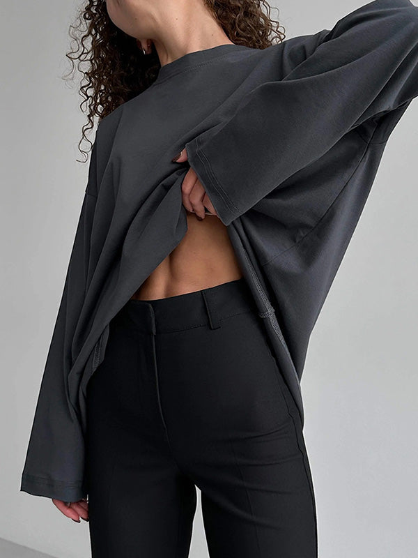 xakxx Long Sleeves Loose Solid Color Round-Neck T-Shirts Tops