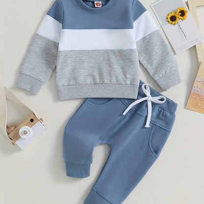 Baby Boys Spring 2 Piece Outfits Contrast Color Long Sleeve Sweatshirt and Elastic Pants for Toddler Fall Clothes