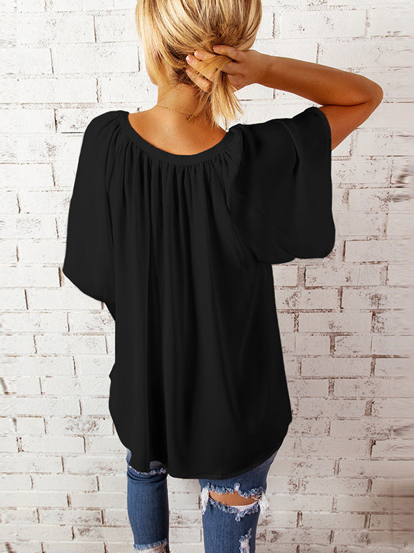 xakxx Simple Casual Solid Color Loose Pleated Half Sleeves T-Shirt Top
