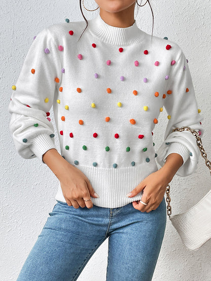 xakxx Long Sleeves Loose Pompom Triming Round-Neck Knitwear Pullovers Sweater Tops