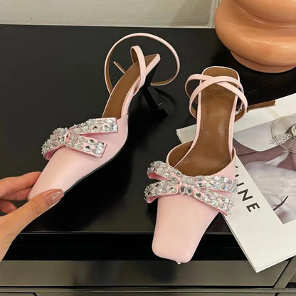 Dress Shoes Rhinestone Bow High Heeled Sandals Women Ankle Straps Low Heel Square Headed Pumps Sandalias Mujer