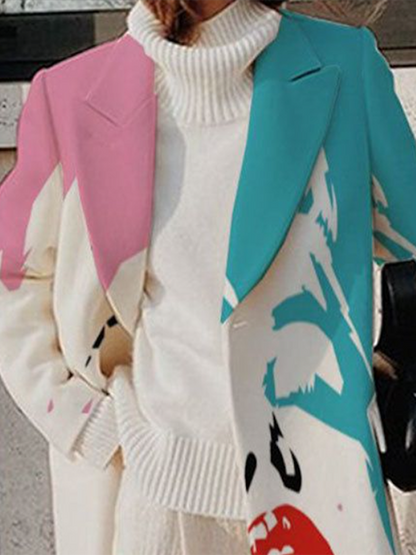 xakxx Contrast Color Figure Notched Collar Outerwear Woolen Coat