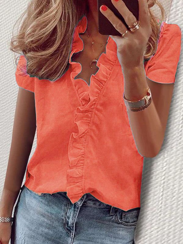 xakxx Casual Short Sleeves Solid Color V-Neck Blouses