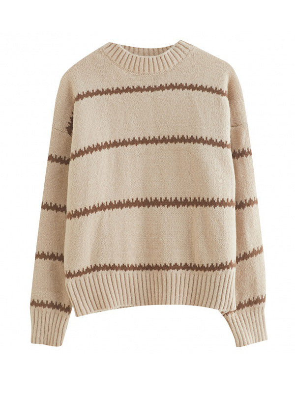 xakxx Casual Loose Long Sleeves Striped Round-Neck Sweater Tops