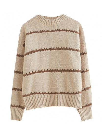xakxx Casual Loose Long Sleeves Striped Round-Neck Sweater Tops