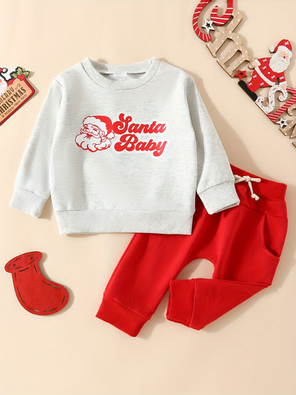 2pcskids Christmas Cute Cartoon SANTA BABY Graphic Sweatshirt Trousers Set, Toddler Casual Outfit Clothes, Winter/fall