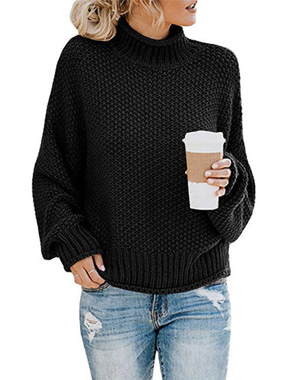 xakxx Casual Long Sleeves Solid Color High-Neck Sweater Tops