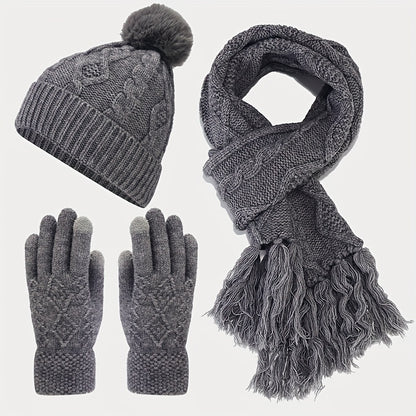 3pcs/set Stylish Twist Knit Winter Accessories - Cold Weather Scarves & Wraps - Soft Beanie, Touchscreen Gloves, and Tassel Scarf Combination for Autumn and Winter Seasons