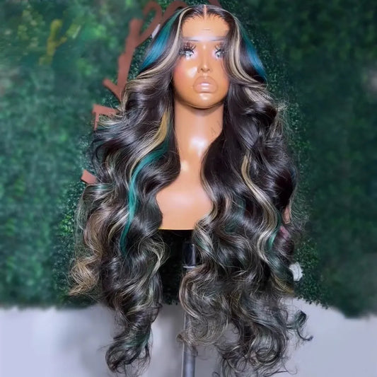 Brazilian Hair Body Wave Highlight Black With Blue Lace Frontal Wig HD Transparent Glueless Full Lace Front Wigs For Women