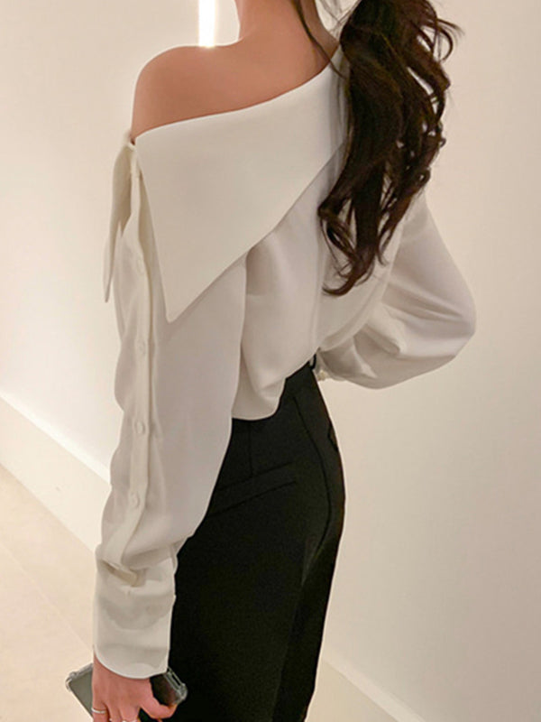 xakxx Long Sleeves Asymmetric Buttoned See-Through Solid Color One-Shoulder Blouses&Shirts Tops