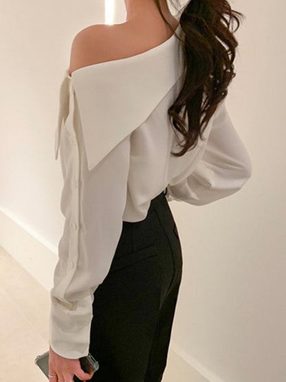 xakxx Long Sleeves Asymmetric Buttoned See-Through Solid Color One-Shoulder Blouses&Shirts Tops