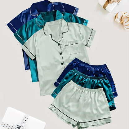 3-Pack Solid Satin Womens Pajama Set - Lightweight & Soft Short Sleeve Lapel Tops with Elastic Shorts - Stylish Sleepwear for Casual Lounging, Comfy Nighttime Elegance