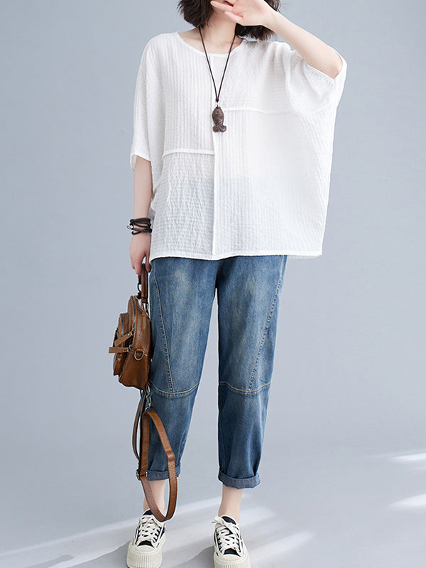xakxx Batwing Sleeves Loose Solid Color Split-Joint Round-Neck T-Shirts Tops